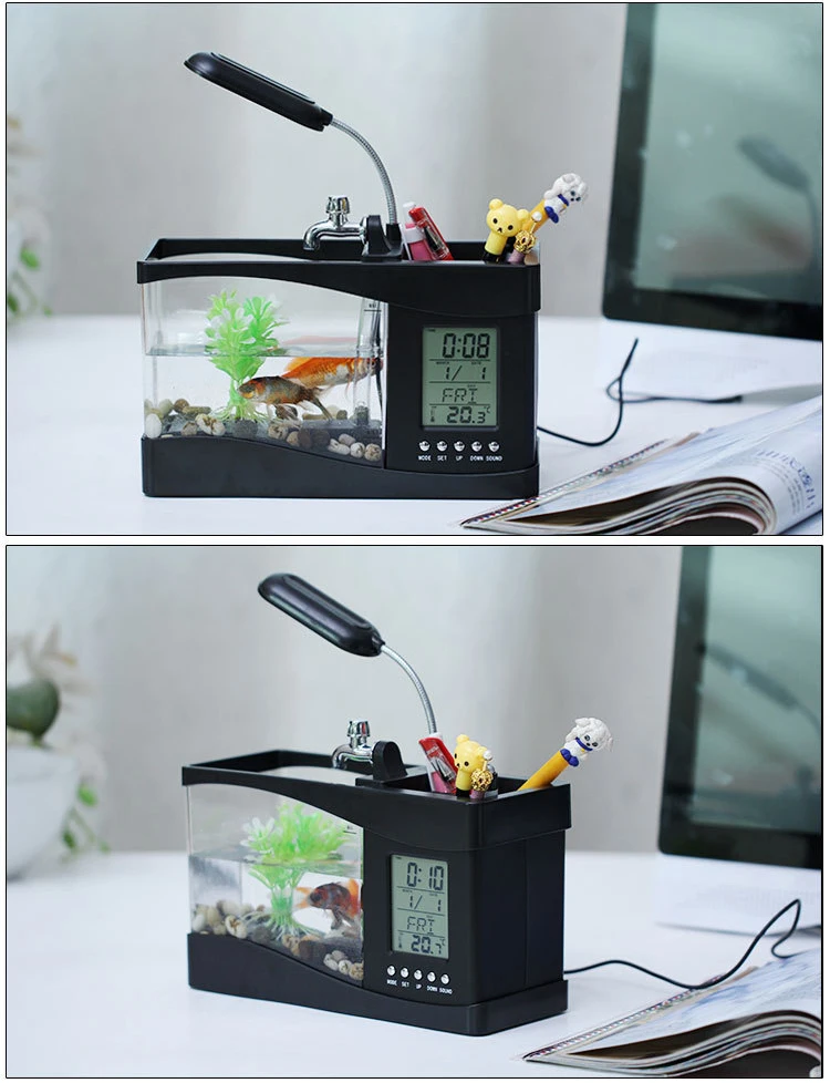 Amazon USB Fish Tank Calendar Pen Holder Acrylic Table Organizer Desktop Pen Holders