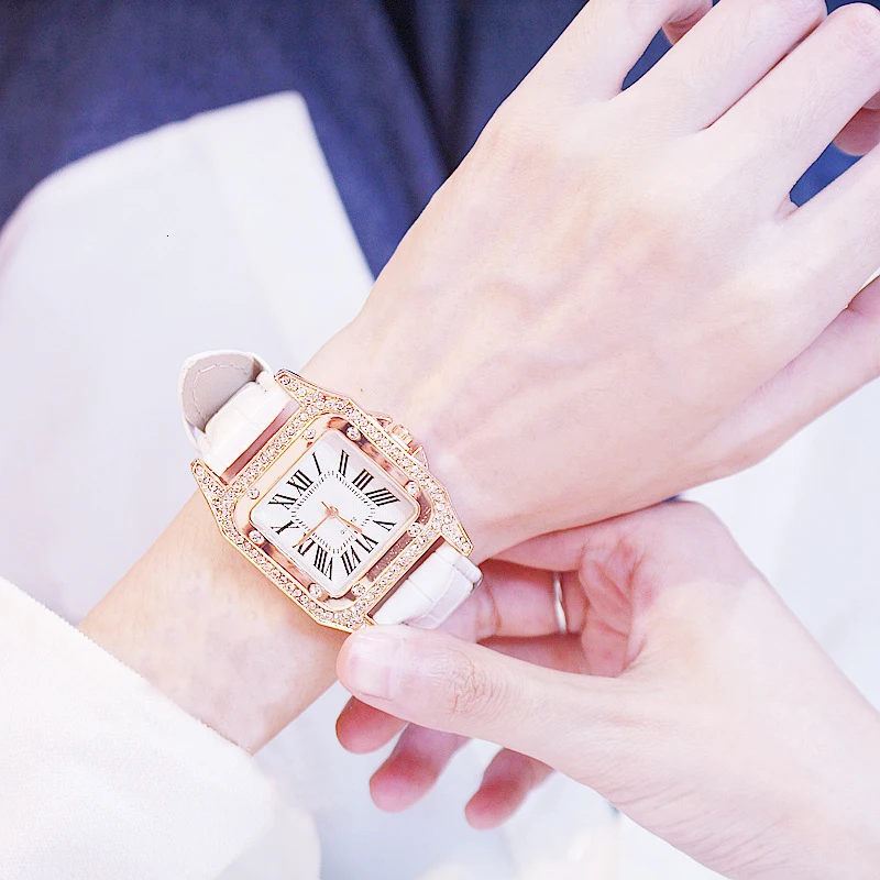 Лидер продаж, женские часы с квадратным бриллиантовым браслетом, Женские кварцевые наручные часы с кожаным ремешком, женские часы Zegarek Damski - Цвет: White