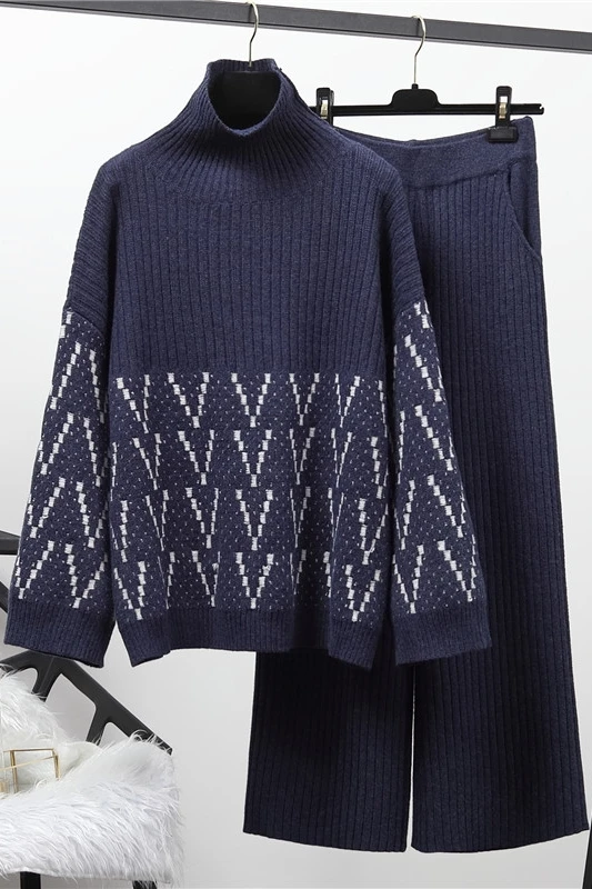 Navy blue Новая осенняя одежда женская одежда han edition аристократическое свободное трикотажное платье с высоким воротником свободный свитер широкие брюки два - Цвет: Navy blue
