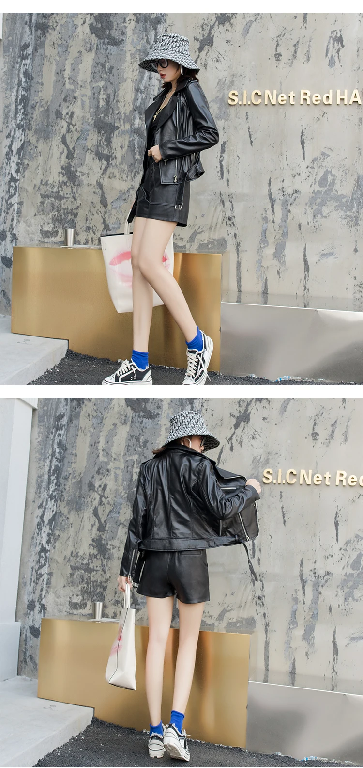 Genuine Leather Jacket Moto Notched Neck Buckle Betled Black Jacket Coats Women Autumn Casual Highstreet Long Sleeve Fit Outwear