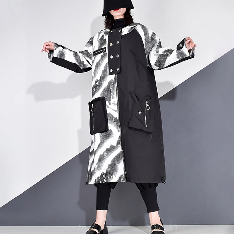 XITAO Patchwork Print Trench Women Zippers Tide
