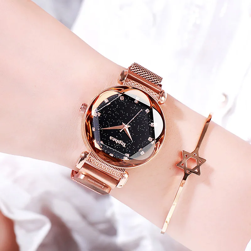 Популярные часы для женщин, модные элегантные роскошные Фиолетовые женские наручные часы с магнитной пряжкой звездного неба, римские цифры, подарочные часы