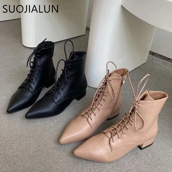 

SUOJIALUN 2021 Fashion Women Ankle Boots Zipper Pointed Toe Short Booties Low Heel Soft Sole Ladies High Quality Chelsea Shoes