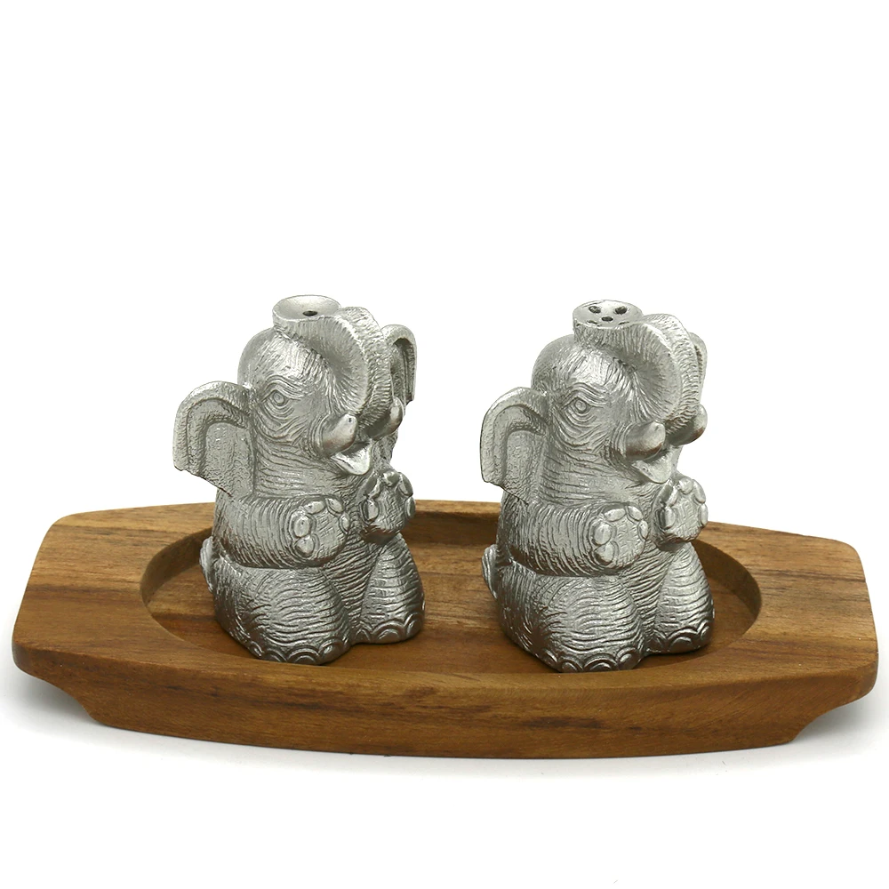 Восточный Pewter-Pewter набор приправ-соль и перец Caddy набор из 3, Детский слон в форме, чистый оловянный 97% без свинца Таиланд