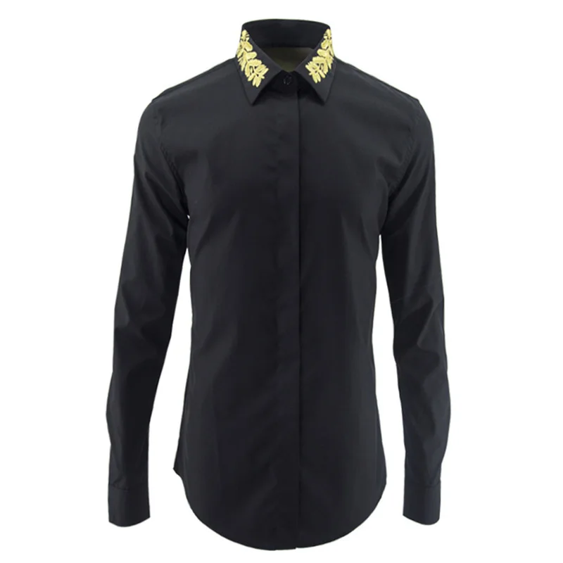 

Men Luxury Brand Long Sleeve Cotton Mens Dress Fashion Gold Thread Embroidery Slim Fit Shirts Man Plus Size