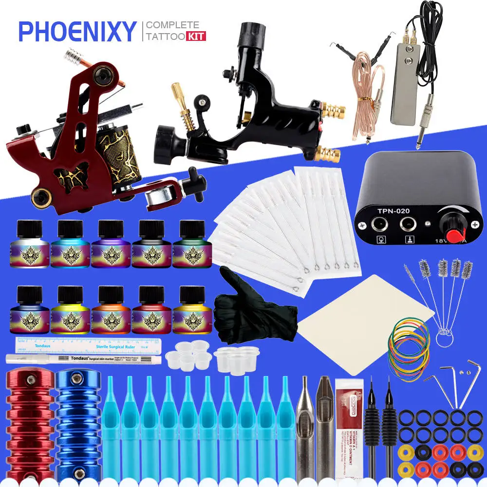 Online Pro Komplette Tattoo Kit 1 Rotary Tattoo Gun 1 Liner Shader Maschine 10 Farbe Tinten Grip Nadeln Körper Kunst Tattoo zubehör Set