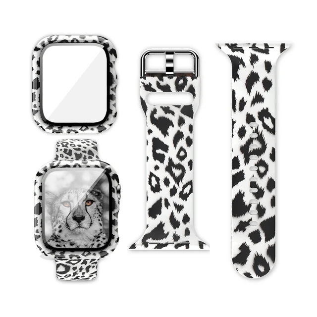 Case+Bands for Apple Watch Band 44 40 42 38mm with Screen Protector Cover, Glass+Silicon Wristband Strap for iWatch SE 654321 White-Haired Leopard