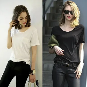 

Fashionable new solid V-neck short sleeve pocket loose casual women's T-shirt