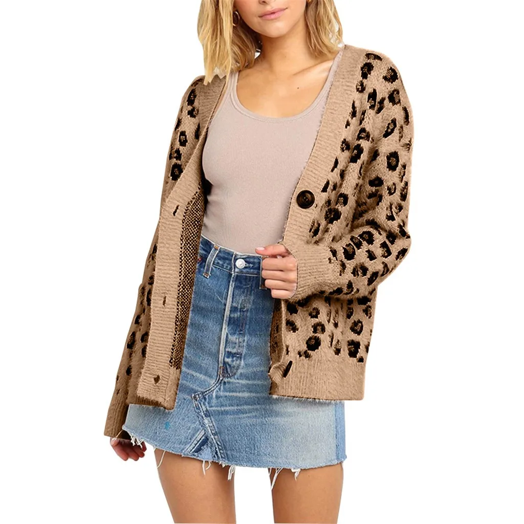 Новинка, женский свитер, длинный рукав, Леопардовый принт, кардиган, открытая передняя часть, куртка, пальто, Blusas Femininas Sueter Mujer Invierno# YL10