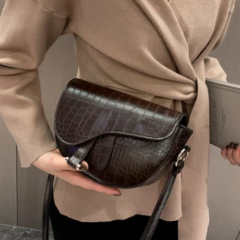 

Vintage Saddle Bag Crossbody Design Pu Leather Women Shoulder Shopping Street Bags Female Handbags Alligator Semicircle Luxury