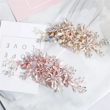 

Rose Gold Flower Wedding Comb Hair Accessories Leaf Crystal Bridal Hair Piece Handmade Women Jewelry