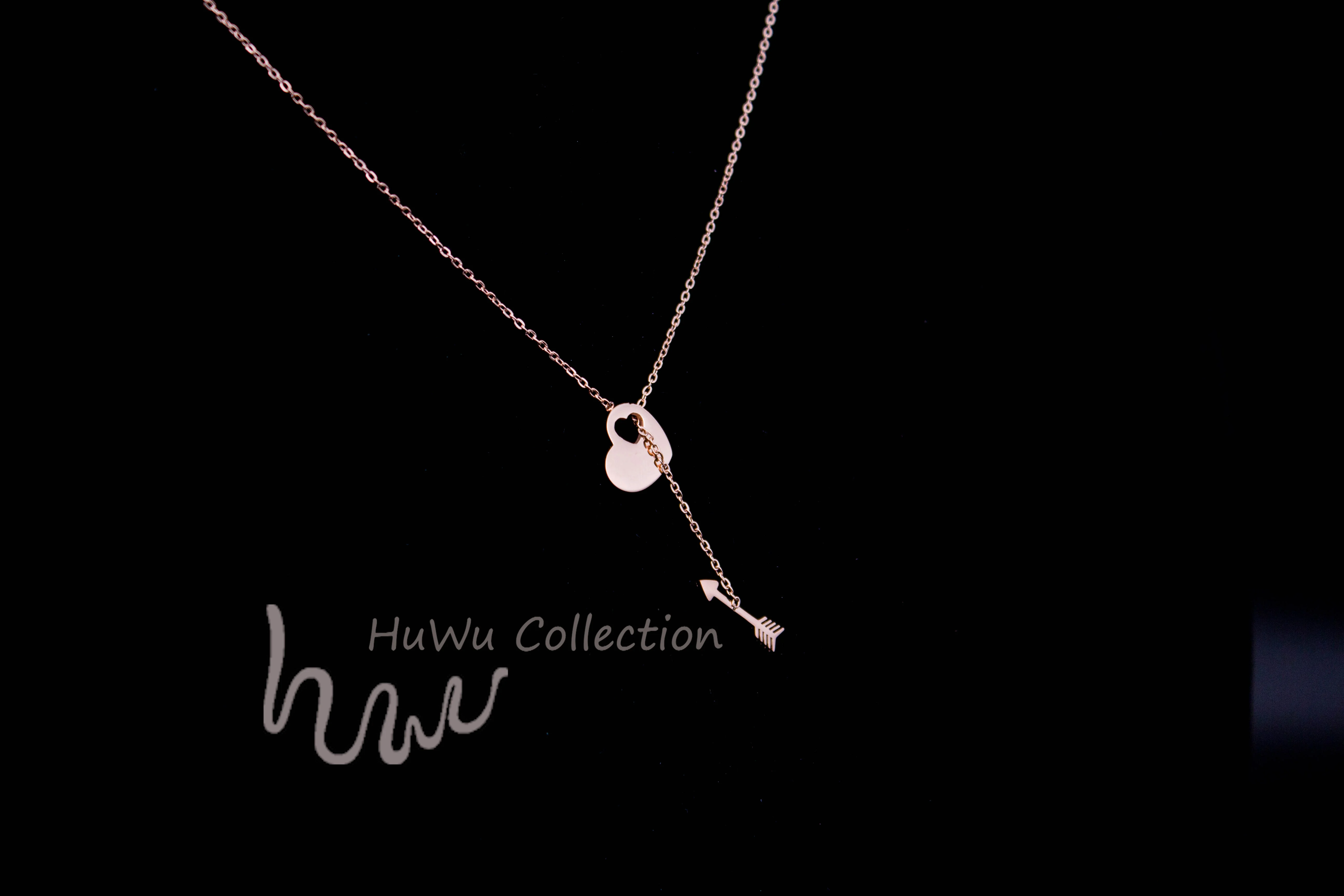 Arrow and Heart Double Pendants Women's Adorable Necklace Anti-Allergy Stainless Steel Covered by Rose Gold