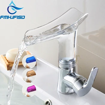 

Waterfall Basin Faucet Bathroom Waterfall Faucet Glass Basin Torneira Mixer Tap Deck Mounted 4 Color Choose Basin Sink Mixer