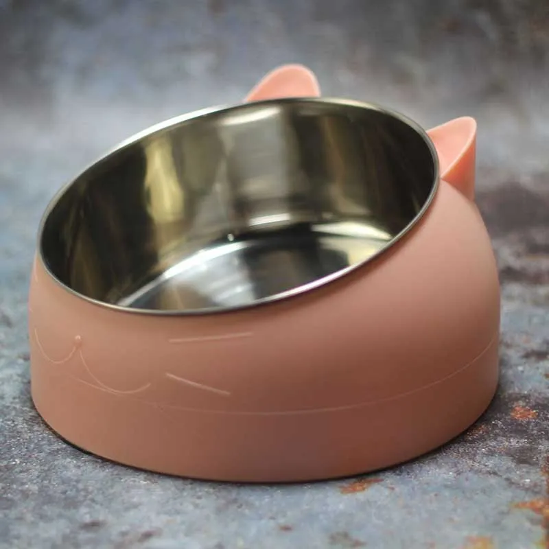 15 градусов Собака Кошка Миски из нержавеющей стали милые уха щенок котенок еда миска для воды Кормление блюдо с защитой шейного отдела позвоночника - Цвет: Розовый