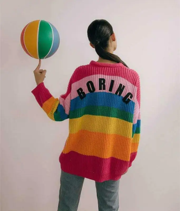 Женский свитер Lazy Oaf Inspired цвета радуги "BORING" кардиган мягкий джемпер оверсайз для девочек новая мода A1418
