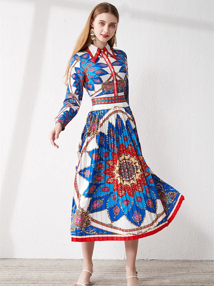 Осенняя мода подиумная Цветочная печать плиссированные платья женские воротник с отворотом с длинным рукавом ретро элегантная рубашка праздничное длинное платье