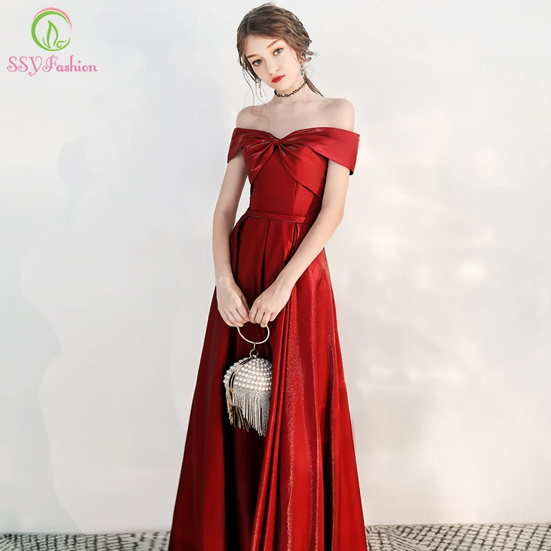 SSYFashion, новинка, банкетное элегантное бордовое вечернее платье, простое, вырез лодочкой, длинные, вечерние, вечерние платья, Vestidos De Fiesta De Noche
