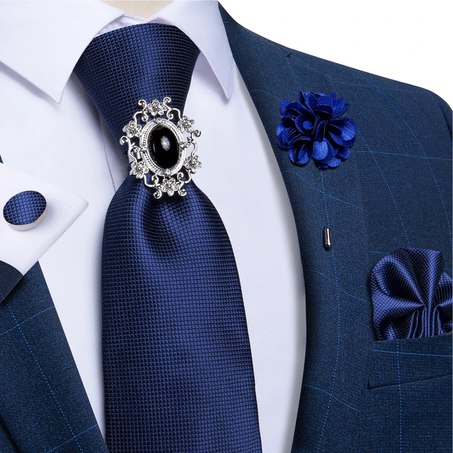 Blue Solid Neck Tie For Men Luxury Silver Tie Buckle Hoop Men's