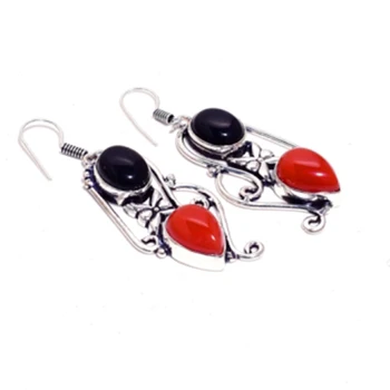 

Genuine Carnelian + Black Onyx Silver Overlay on Copper Earrings , Hand made Women Jewelry Gift
