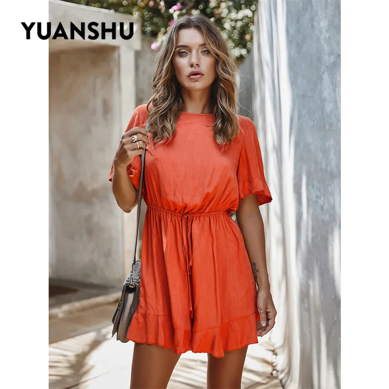 

YUANSHU Summer Holiday Short Jumpsuit Loose Casual Romper Solid Color Short Sleeve Jumpsuits Female Streetwear Fashion Jumpsuits