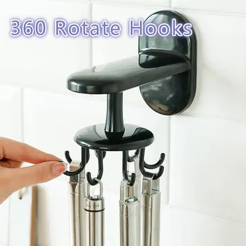 

Kitchen 360 Rotated Hook Self Adhesive 6 Hooks Door Hook Hanging Rack Kitchen Storage Hook Kitchenware Gadgets