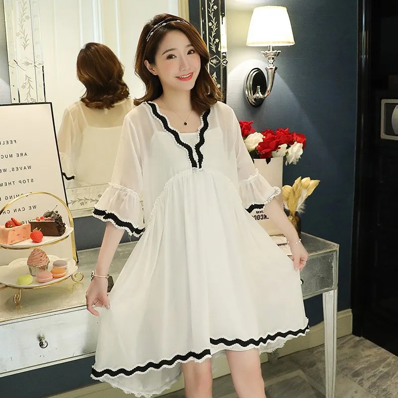 

2019 Summer New Style Fashion Solid Color Lace Chiffon Loose-Fit Dress Two-Piece Set Camisole Medium-length Maternity Dress