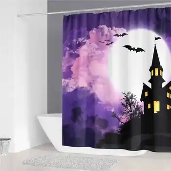 

Happy Halloween castle Waterproof Customizable Printing Shower Curtain With 12 pcs hooks Accessories New