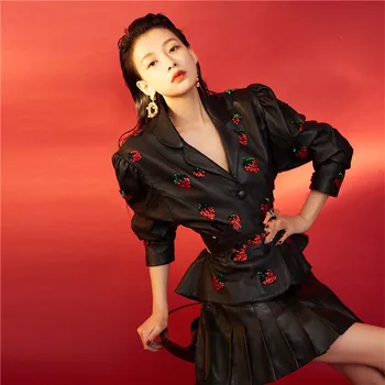 

Fashion brand Punk style Strawberry pattern embroidery pu leather jacket female street pleated leather jacket F1084 dropship