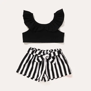 

Flofallzique Girls Suit Summer O neck Pure Black Top and Cute Striped Short Baby Comfortable Kids Clothes for Outdoor