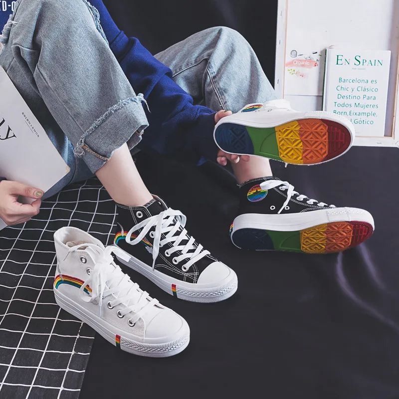 Zapatos de lona Retro de arcoíris para mujer, zapatillas vulcanizadas a la moda, planas y cómodas, altas, 2020