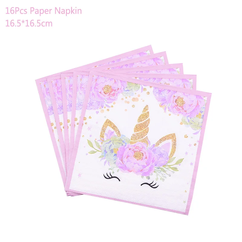 16pcs paper napkin Одноразовая посуда с единорогом, вечерние принадлежности с единорогом, бумажные тарелки, салфетки для стаканчиков, украшения для вечеринки в честь Дня Рождения - Цвет: 16pcs paper napkin