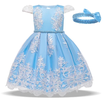 

Summer Bow Headband Beading First Birthday Baby Girl Dress Child Clothes Party Wedding Princess Dress Ball Gown costume 1-5 Year