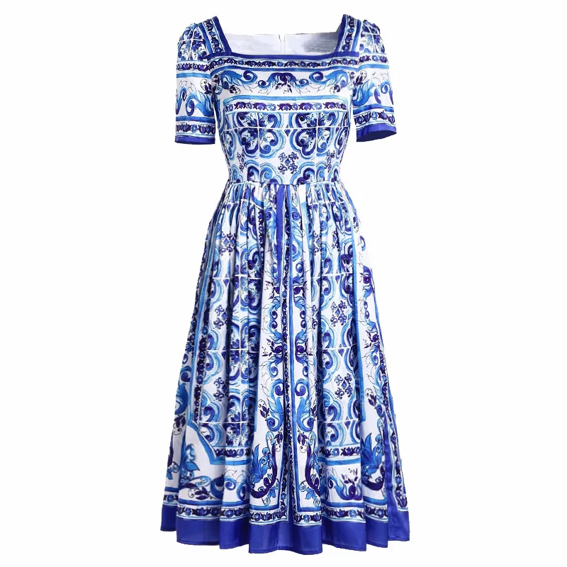 Летнее подиумное дизайнерское женское платье с коротким рукавом и квадратным