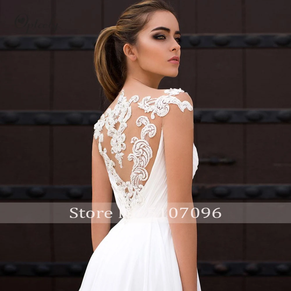 Optcely Vestido de Noiva элегантное шифоновое пляжное свадебное платье с круглым вырезом и коротким рукавом, с аппликацией в виде поезда, с бисером, с коротким рукавом