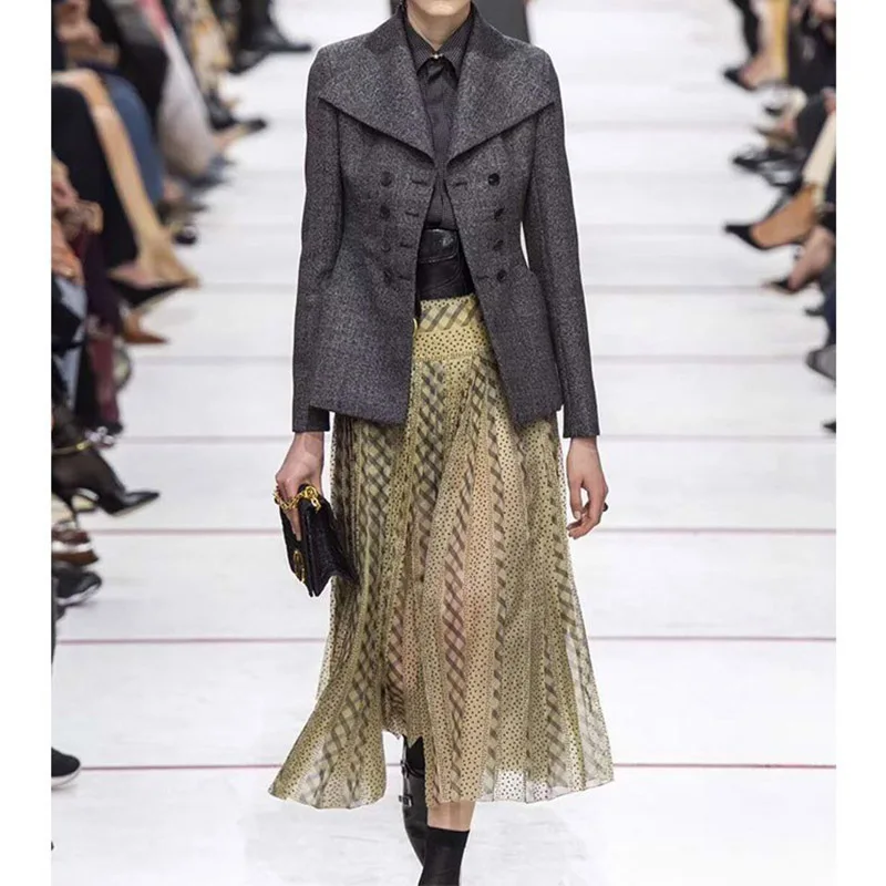 

CCCC 2019 Fashion Runway Autumn Women Midi Skirt Pleated Tulle High Waist Skirt Geometric Printing Plaid Skirts