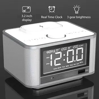 

Wireless Phone Charging Digital Display Alarm Clock FM Radio Bluetooth Speaker