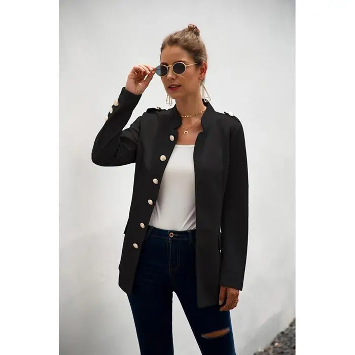 Женская мода Slim Fit с одним нагрудным карманом на пуговицах, повседневный однотонный повседневный костюм пиджак с воротником-стойкой на осень