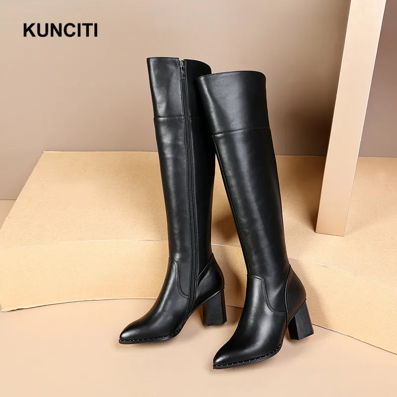 KUNCITI/; сапоги до колена; женские пикантные сапоги; большие размеры 34-42; черные сапоги из натуральной кожи; зимняя теплая обувь высокого качества; B921