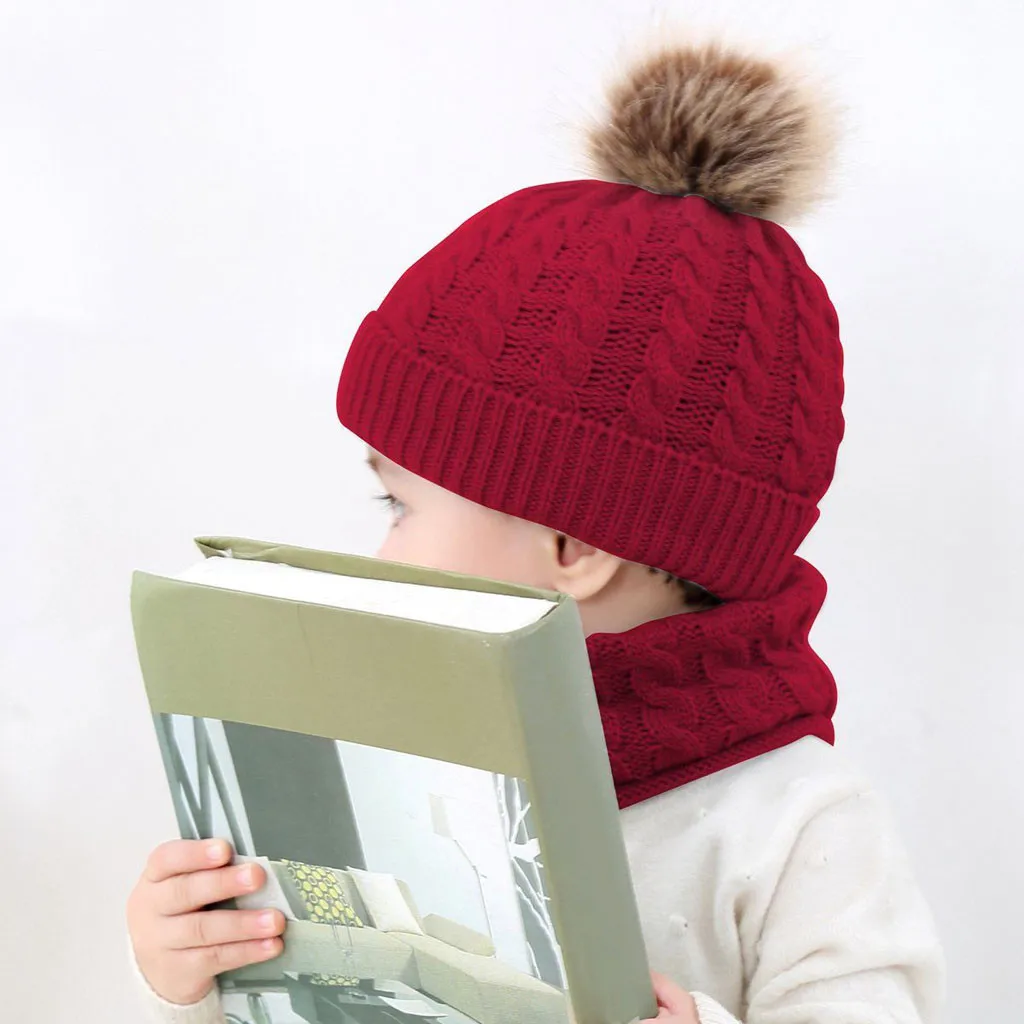 Комплект из 2 предметов, детские зимние шапки, шапка s для маленьких девочек и мальчиков, зимняя теплая вязаная шапочка+ шарф, сохраняющий тепло, комплект, детская шапочка, шапка