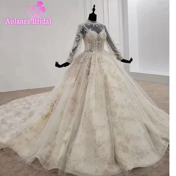 

2019 Luxury Wedding Dress Turkey Gold Lace Arabic Bride Dress Lace Ball Gown Princess Gowns Long Sleeve Bridal Vestido De Renda