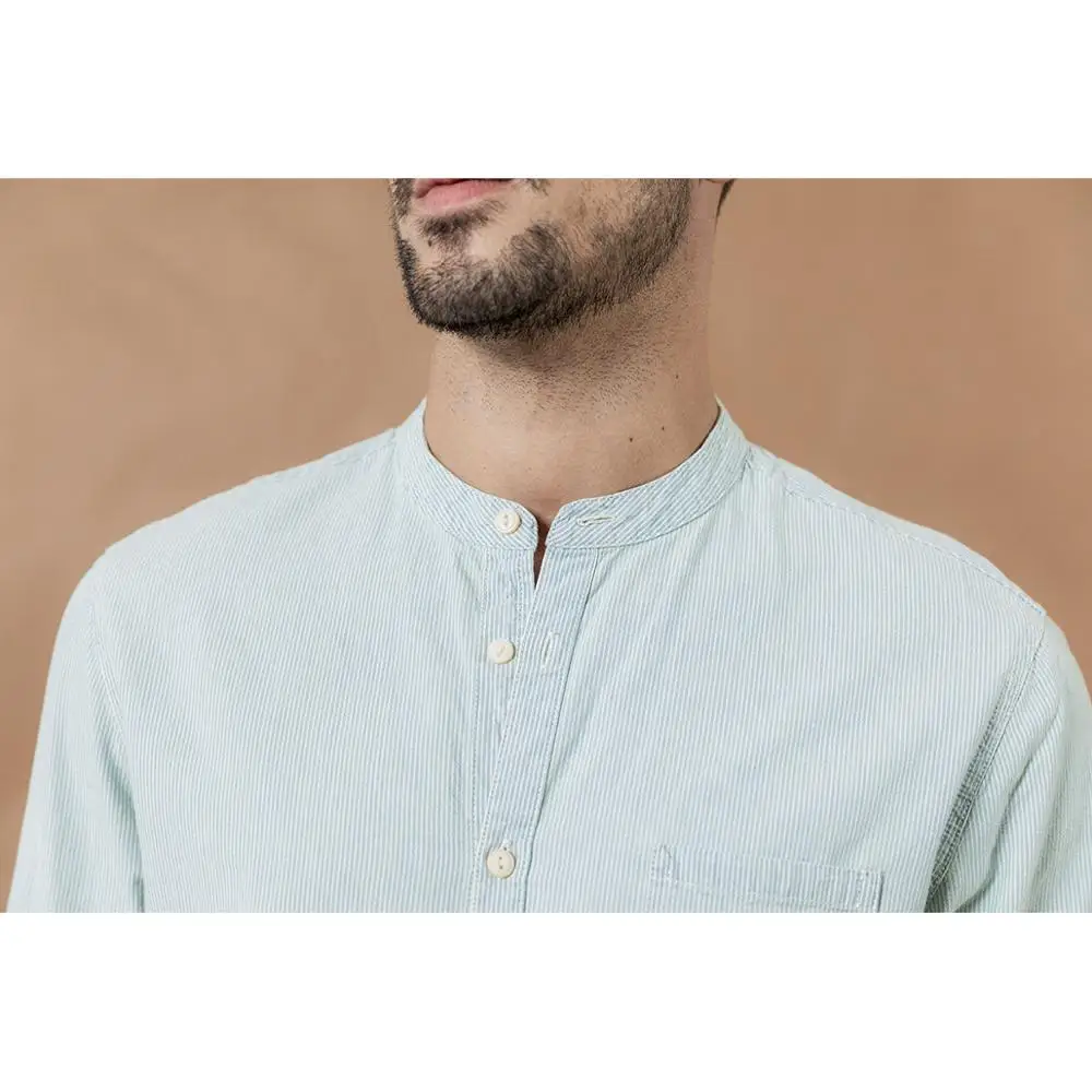Мужская рубашка с воротником-стойкой SIMWOOD, классическая приталенная джинсовая рубашка в вертикальную полоску, повседневная минималистичная рубашка из-ного хлопка