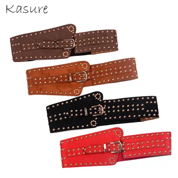 

KASURE PU Leather Women Fashion Vintage Wide Waist Belt Rivet Elastic Stretch Cinch Belts With Interlock Buckle