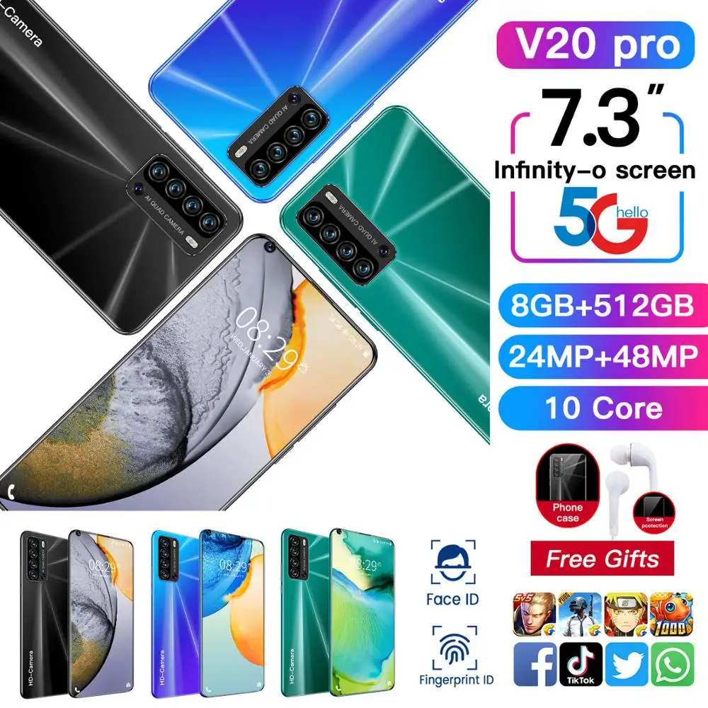 New Smartphones 7.3inch V20 Pro 12G 512G 48MP Type-C Plug Face Unlocking Wifi GPS 4G 5G LTE CellPhone Global Version 5600mAh