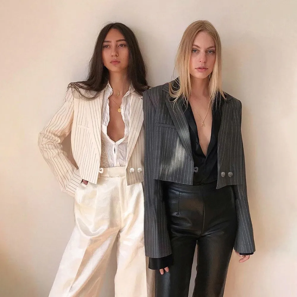 2019 осенние полосатые укороченные костюмы женские уличные повседневные блейзеры