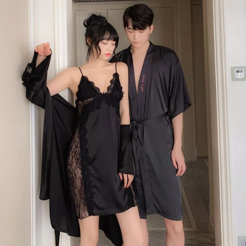 Sexy Couple Pajamas Lovers Silk Sleepwear Set Men Two Piece Robe Sets Satin  Bathrobe Lovers Nightgowns Kimono Valentines Gift