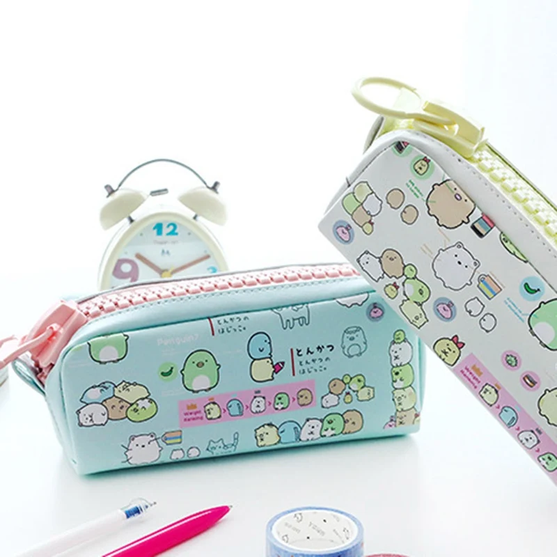 Kawaii Animals Big Zipper PU Leather Pencil Case Stationery Storage Bag For Student Gift School Office Supply