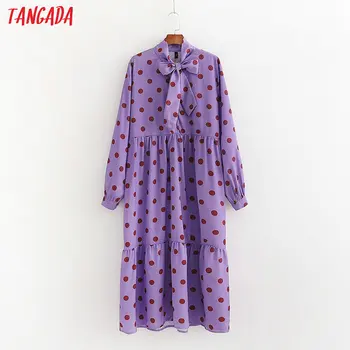 

Tangada women dots print purple dress 2020 Spring bow neck Long Sleeve Ladies Loose midi Dress Vestidos 1D214