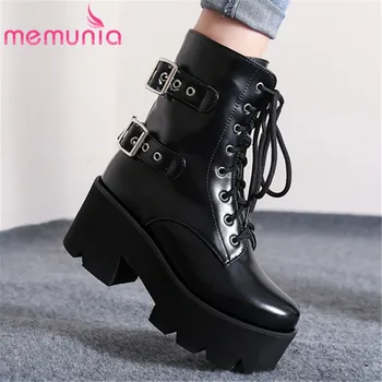 

MEMUNIA 2020 hot sale fashion platform shoes women Motorcycle Boots round toe buckle lace up punk casual ankle boots woman