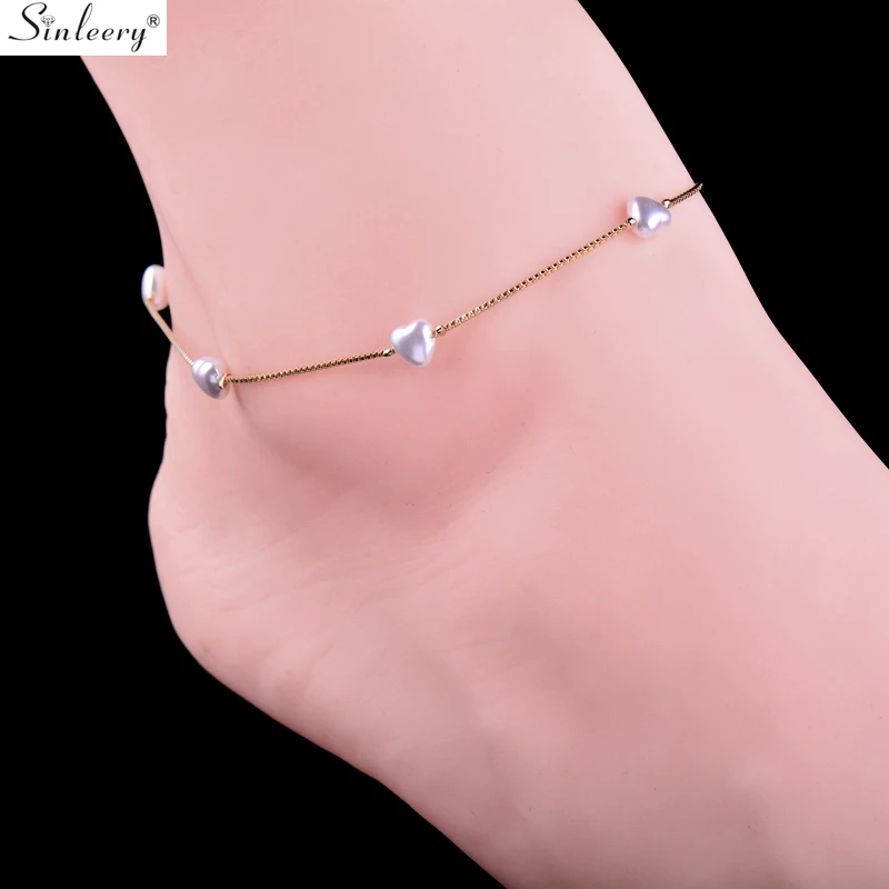 

SINLEERY Sweet Heart Shape Pearl Adjustable Anklet Yellow Gold Silver Color Chain Anklets For Women Fashion Jewelry JL005 SSD