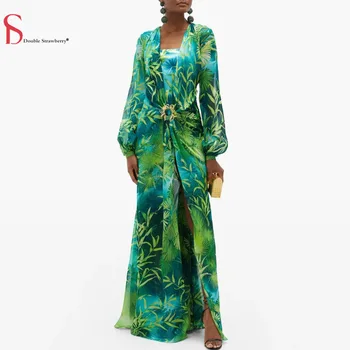 

Double Strawberry Autumn Long Green Printed Deep V Neck Silk Dress Women Jewelry Stone Button Banquet Party Long Dress